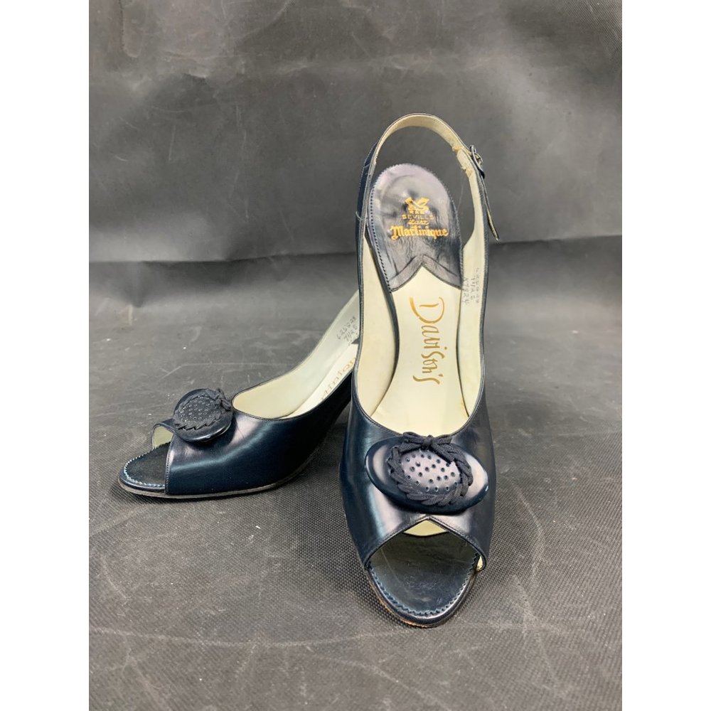 Vintage Navy Martinique Seville 7.5 High Heel Peep Toe Pump Shoes